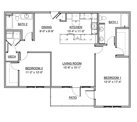 Floor plan for 2 beds, 2 baths, 1300 sqft
